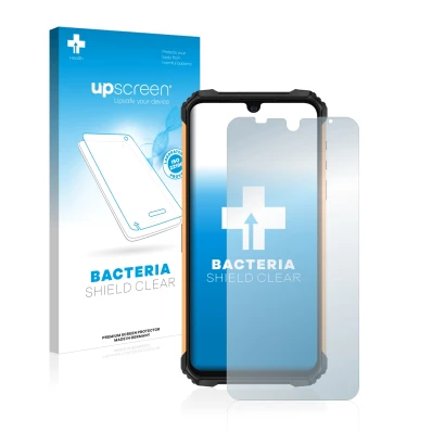 Parte frontal de un envase de producto con el logotipo de la marca upscreen. Al lado se muestra el dispositivo Ulefone Armor 8