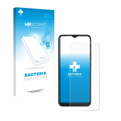 Parte frontal de un envase de producto con el logotipo de la marca upscreen. Al lado se muestra el dispositivo Motorola Moto G