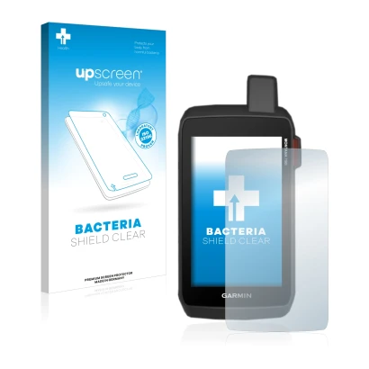 Parte frontal de un envase de producto con el logotipo de la marca upscreen. Al lado se muestra el dispositivo Garmin Montana 