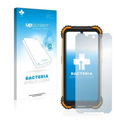 Parte frontal de un envase de producto con el logotipo de la marca upscreen. Al lado se muestra el dispositivo Doogee S58 Pro