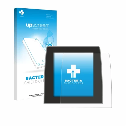 Parte frontal de un envase de producto con el logotipo de la marca upscreen. Al lado se muestra el dispositivo Renault Captur 