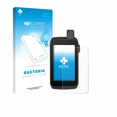 Parte frontal de un envase de producto con el logotipo de la marca upscreen. Al lado se muestra el dispositivo Garmin Montana 