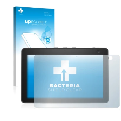 Parte frontal de un envase de producto con el logotipo de la marca upscreen. Al lado se muestra el dispositivo Amazon Echo Sho