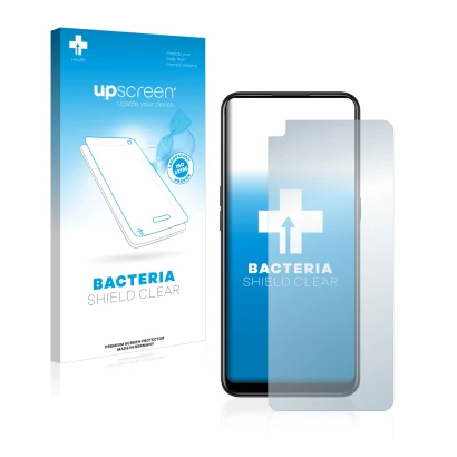 Parte frontal de un envase de producto con el logotipo de la marca upscreen. Al lado se muestra el dispositivo Oppo A53s con s