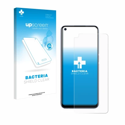 Parte frontal de un envase de producto con el logotipo de la marca upscreen. Al lado se muestra el dispositivo realme Q2 con s