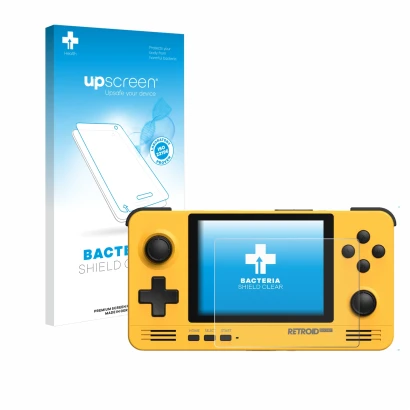 Parte frontal de un envase de producto con el logotipo de la marca upscreen. Al lado se muestra el dispositivo Retroid Pocket