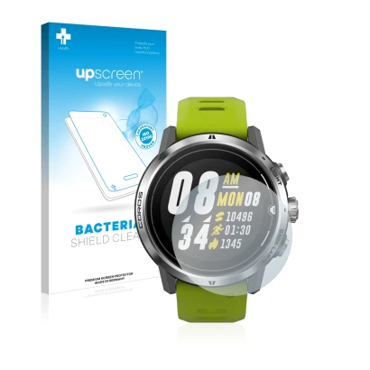 Parte frontal de un envase de producto con el logotipo de la marca upscreen. Al lado se muestra el dispositivo Coros Apex Pro