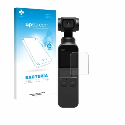 Parte frontal de un envase de producto con el logotipo de la marca upscreen. Al lado se muestra el dispositivo DJI Osmo Pocket