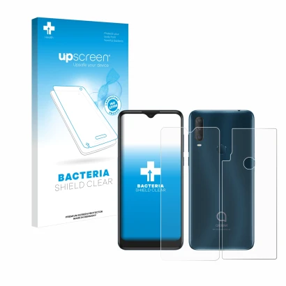Parte frontal de un envase de producto con el logotipo de la marca upscreen. Al lado se muestra el dispositivo Alcatel 1S 2020