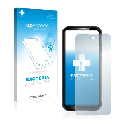 Parte frontal de un envase de producto con el logotipo de la marca upscreen. Al lado se muestra el dispositivo Oukitel WP10 5G