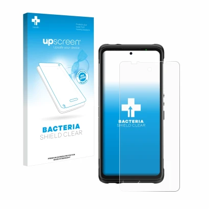 Parte frontal de un envase de producto con el logotipo de la marca upscreen. Al lado se muestra el dispositivo Ulefone Armor 1