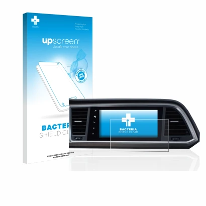 Parte frontal de un envase de producto con el logotipo de la marca upscreen. Al lado se muestra el dispositivo Seat Ateca Styl