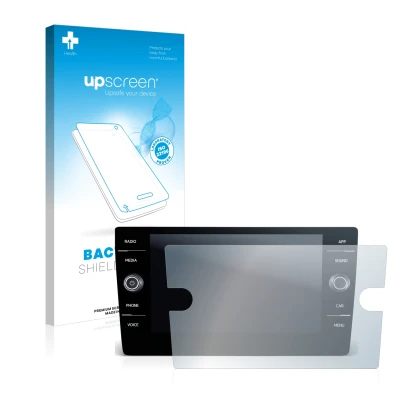 Parte frontal de un envase de producto con el logotipo de la marca upscreen. Al lado se muestra el dispositivo Volkswagen T-Ro