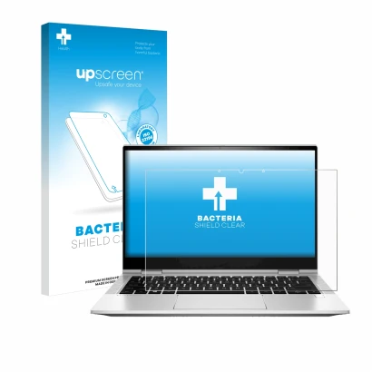 Parte frontal de un envase de producto con el logotipo de la marca upscreen. Al lado se muestra el dispositivo HP EliteBook x3