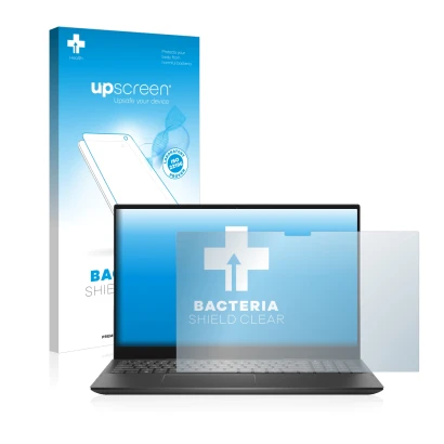 Parte frontal de un envase de producto con el logotipo de la marca upscreen. Al lado se muestra el dispositivo Dell Inspiron 1