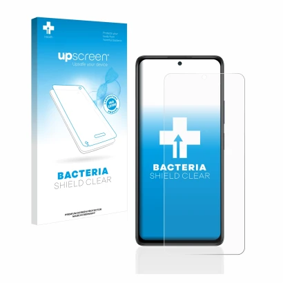 Parte frontal de un envase de producto con el logotipo de la marca upscreen. Al lado se muestra el dispositivo Xiaomi Redmi No