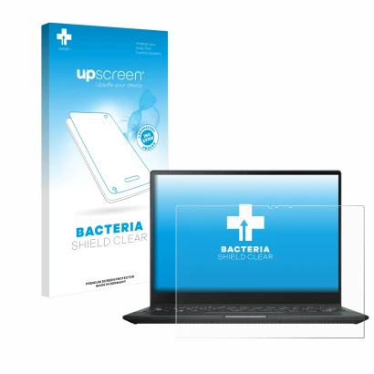 Parte frontal de un envase de producto con el logotipo de la marca upscreen. Al lado se muestra el dispositivo ASUS Rog Flow X