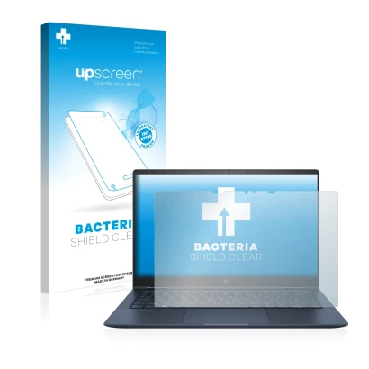 Parte frontal de un envase de producto con el logotipo de la marca upscreen. Al lado se muestra el dispositivo HP Elite Dragon
