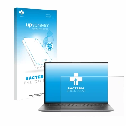 Parte frontal de un envase de producto con el logotipo de la marca upscreen. Al lado se muestra el dispositivo Dell Precision