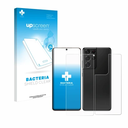 Parte frontal de un envase de producto con el logotipo de la marca upscreen. Al lado se muestra el dispositivo Samsung Galaxy 