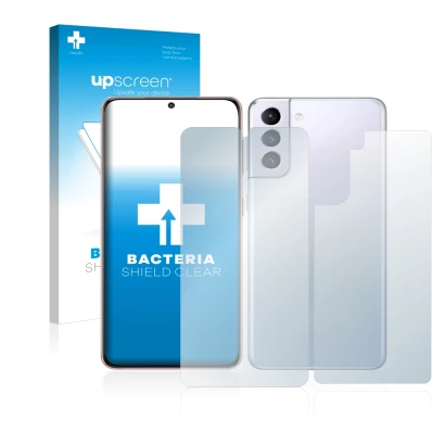 Parte frontal de un envase de producto con el logotipo de la marca upscreen. Al lado se muestra el dispositivo Samsung Galaxy 