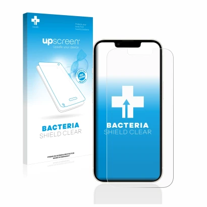 Parte frontal de un envase de producto con el logotipo de la marca upscreen. Al lado se muestra el dispositivo Apple iPhone 13