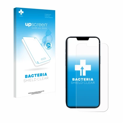 Parte frontal de un envase de producto con el logotipo de la marca upscreen. Al lado se muestra el dispositivo Apple iPhone 13
