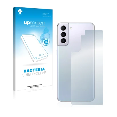 Parte frontal de un envase de producto con el logotipo de la marca upscreen. Al lado se muestra el dispositivo Samsung Galaxy 