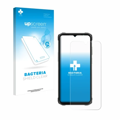Parte frontal de un envase de producto con el logotipo de la marca upscreen. Al lado se muestra el dispositivo Ulefone Armor 1