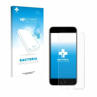 Parte frontal de un envase de producto con el logotipo de la marca upscreen. Al lado se muestra el dispositivo Apple iPhone SE