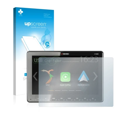 Parte frontal de un envase de producto con el logotipo de la marca upscreen. Al lado se muestra el dispositivo Zenec Z-N965 co