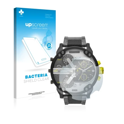 Parte frontal de un envase de producto con el logotipo de la marca upscreen. Al lado se muestra el dispositivo Diesel DZ7422 M