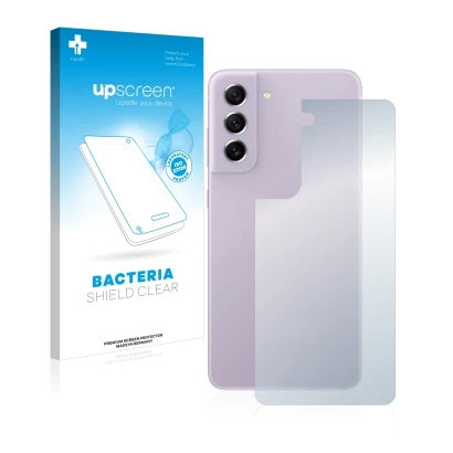 Parte frontal de un envase de producto con el logotipo de la marca upscreen. Al lado se muestra el dispositivo Samsung Galaxy 