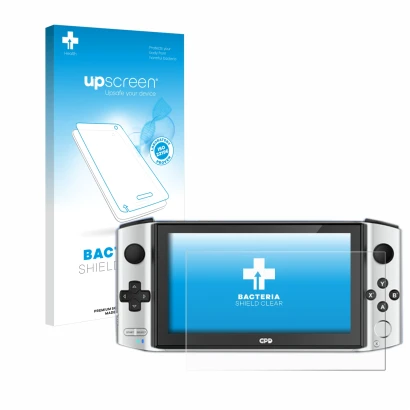 Parte frontal de un envase de producto con el logotipo de la marca upscreen. Al lado se muestra el dispositivo GPD Win 3 con s