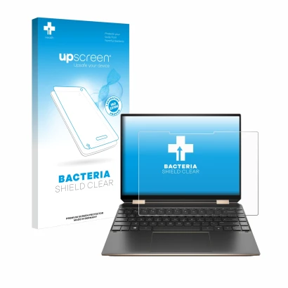 Parte frontal de un envase de producto con el logotipo de la marca upscreen. Al lado se muestra el dispositivo HP Spectre x360
