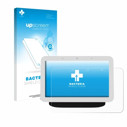 Parte frontal de un envase de producto con el logotipo de la marca upscreen. Al lado se muestra el dispositivo Google Nest Hub