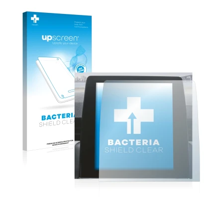 Parte frontal de un envase de producto con el logotipo de la marca upscreen. Al lado se muestra el dispositivo Renault Zoe 202