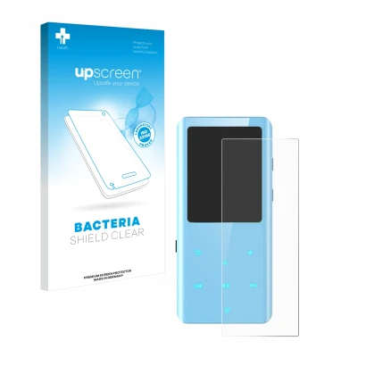 Parte frontal de un envase de producto con el logotipo de la marca upscreen. Al lado se muestra el dispositivo AGPtek A19X con