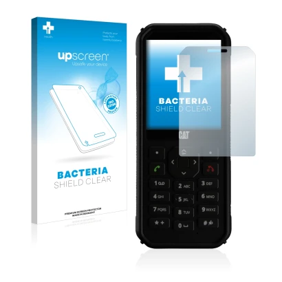 Parte frontal de un envase de producto con el logotipo de la marca upscreen. Al lado se muestra el dispositivo Caterpillar Cat