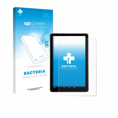 Parte frontal de un envase de producto con el logotipo de la marca upscreen. Al lado se muestra el dispositivo Amazon Fire HD 