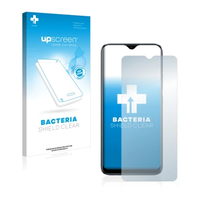 Parte frontal de un envase de producto con el logotipo de la marca upscreen. Al lado se muestra el dispositivo realme C11 2021