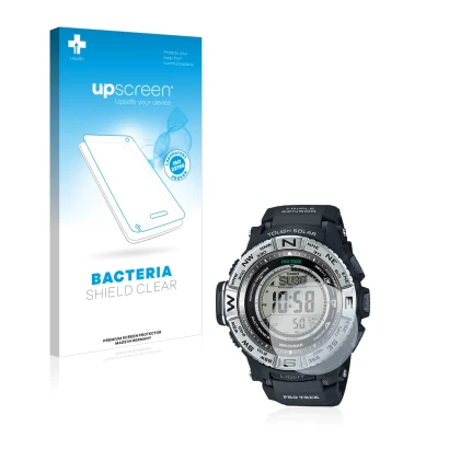 Parte frontal de un envase de producto con el logotipo de la marca upscreen. Al lado se muestra el dispositivo Casio Pro Trek 