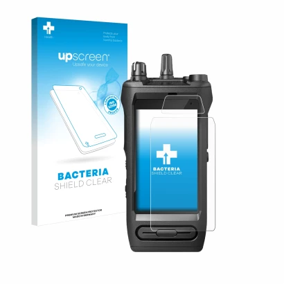 Parte frontal de un envase de producto con el logotipo de la marca upscreen. Al lado se muestra el dispositivo Motorola Mototr