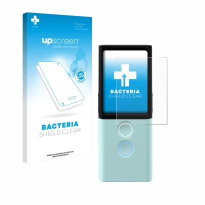 Parte frontal de un envase de producto con el logotipo de la marca upscreen. Al lado se muestra el dispositivo Vasco Translato