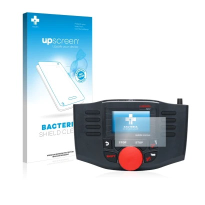Parte frontal de un envase de producto con el logotipo de la marca upscreen. Al lado se muestra el dispositivo Märklin Mobile