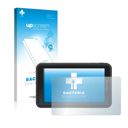 Parte frontal de un envase de producto con el logotipo de la marca upscreen. Al lado se muestra el dispositivo Desview R5 5.5"