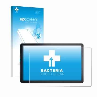 Parte frontal de un envase de producto con el logotipo de la marca upscreen. Al lado se muestra el dispositivo Lenovo Tab P11 