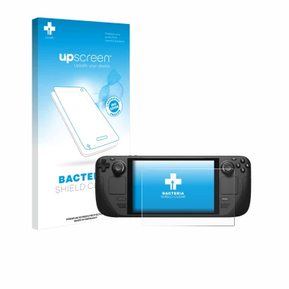 Parte frontal de un envase de producto con el logotipo de la marca upscreen. Al lado se muestra el dispositivo Valve Steam Dec