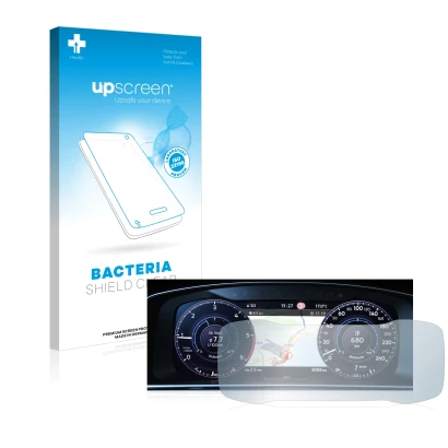 Parte frontal de un envase de producto con el logotipo de la marca upscreen. Al lado se muestra el dispositivo Volkswagen Golf