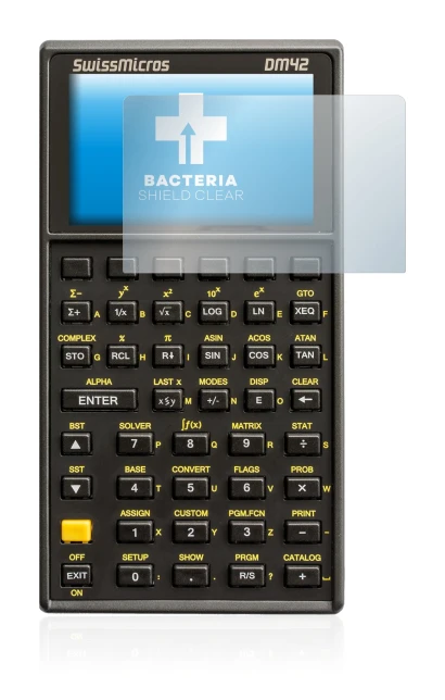 Imagen del dispositivo SwissMicros DM42 con una amplia variedad de protectores de pantalla.